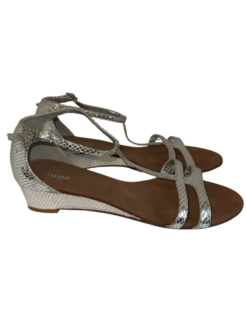 Dune London Silver T-Strap Leather Wedge Sandals w Snake Print Women’s 11